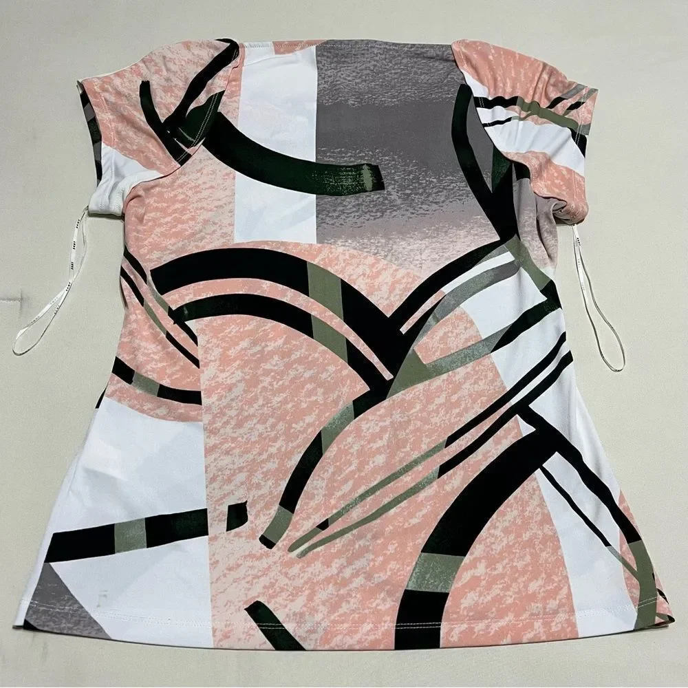 DKNY Women's Top with Pink and Green Abstract Design